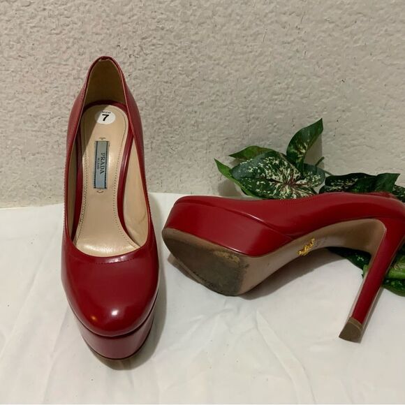 Prada | Red Patent Leather Platform Pumps Sz 37 1/2 - Picture 3 of 15